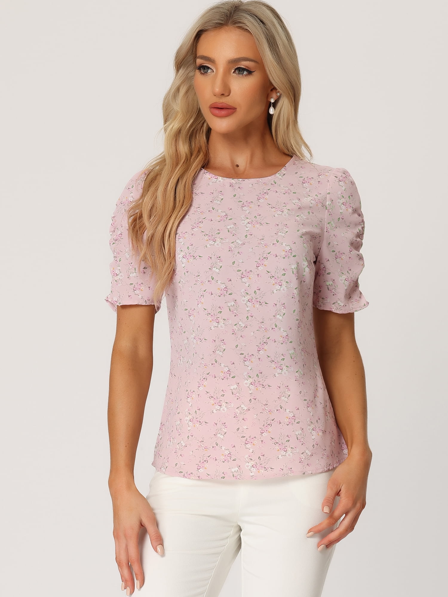 DARING DIVA Floral Crew Neck Shirred Short Sleeve Casual Top M Pink Floral