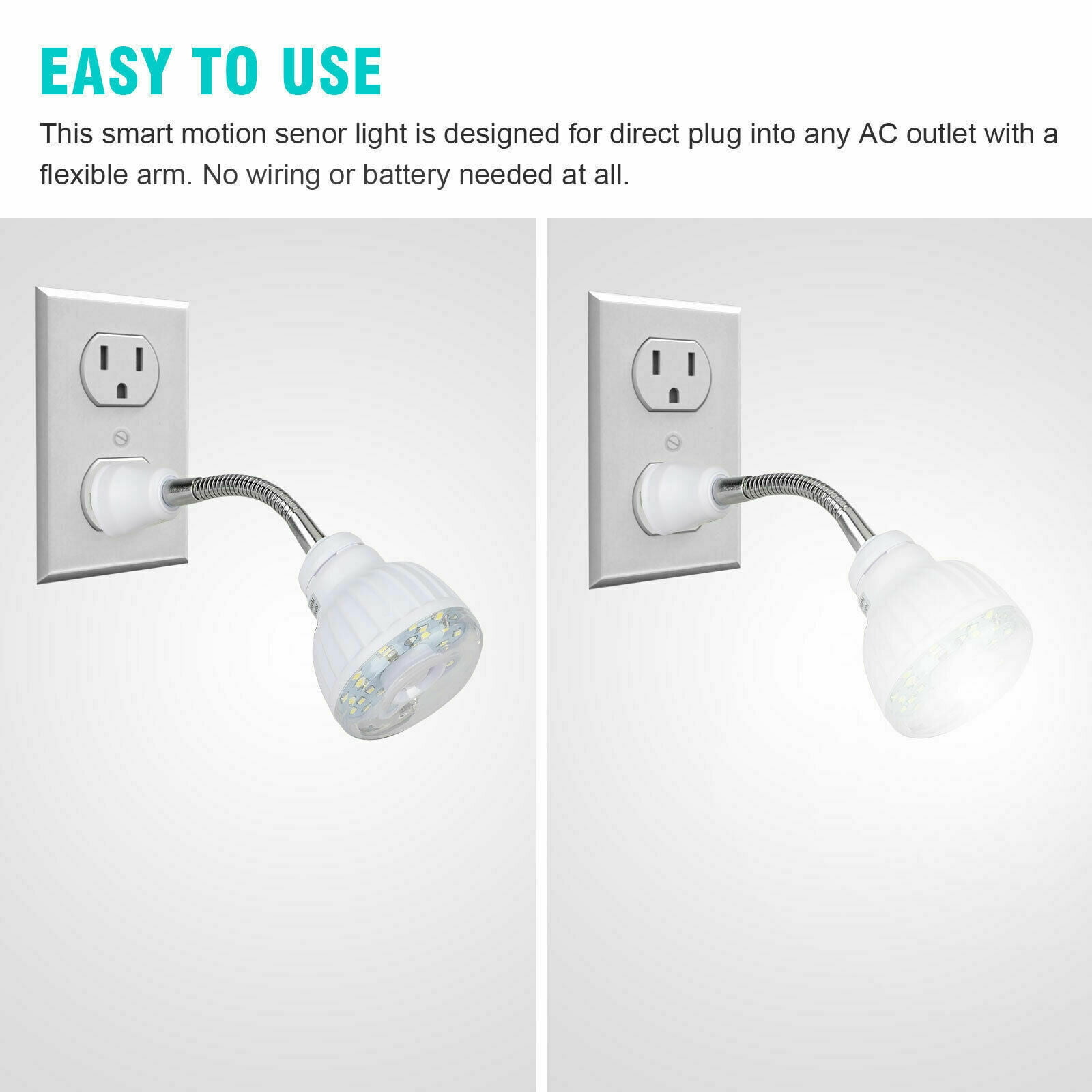 LED Motion-Activated Rotating Flexible Sensor Night Light AC Outlet Plug-in Wall
