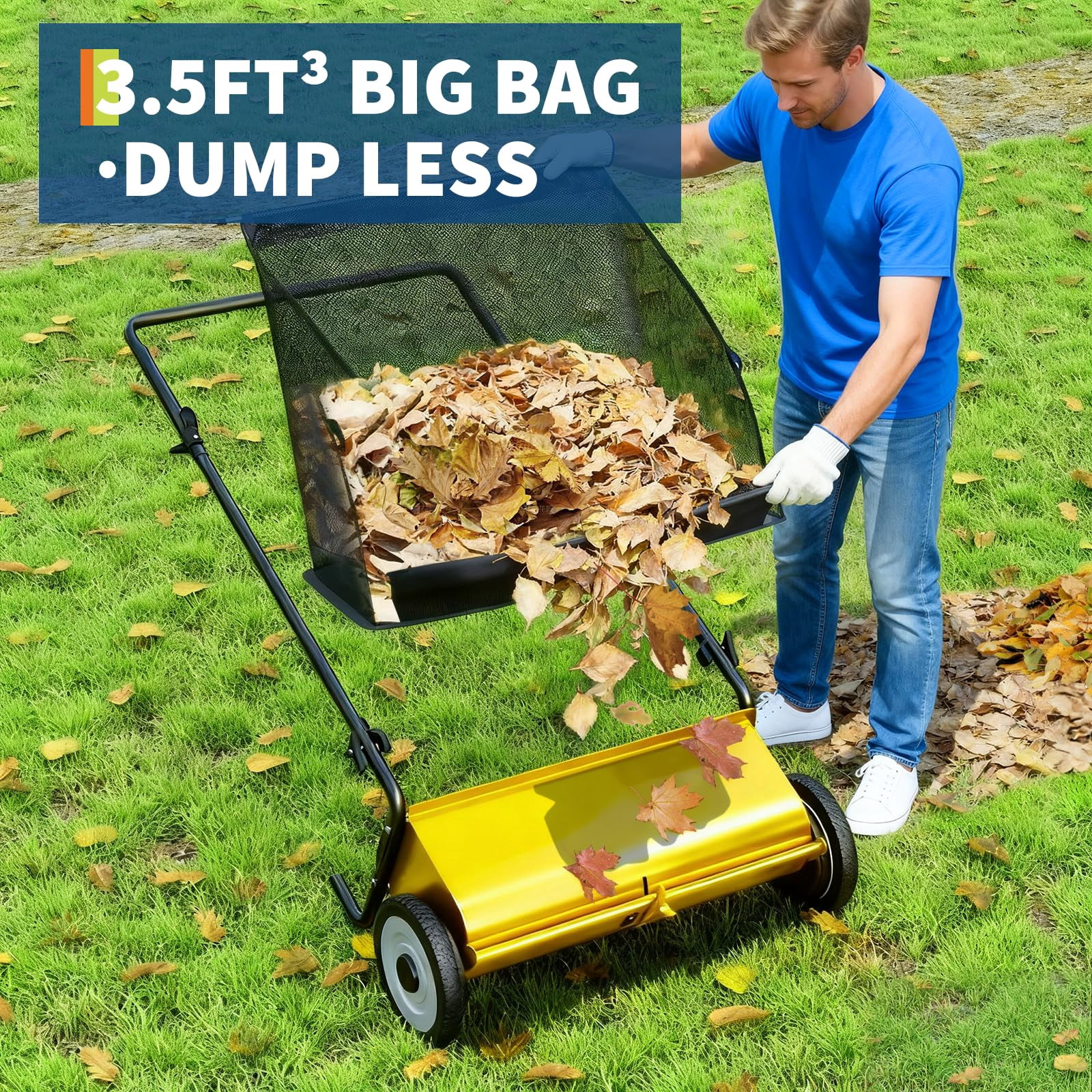 CuisinAid 21-Inch Push Lawn Sweeper,Large 3.5 Cu.Ft Manual Leaf & Debris Collector with Heavy-Duty Steel Frame, Easy-to-Use Pusher for Lawn Care,Yellow