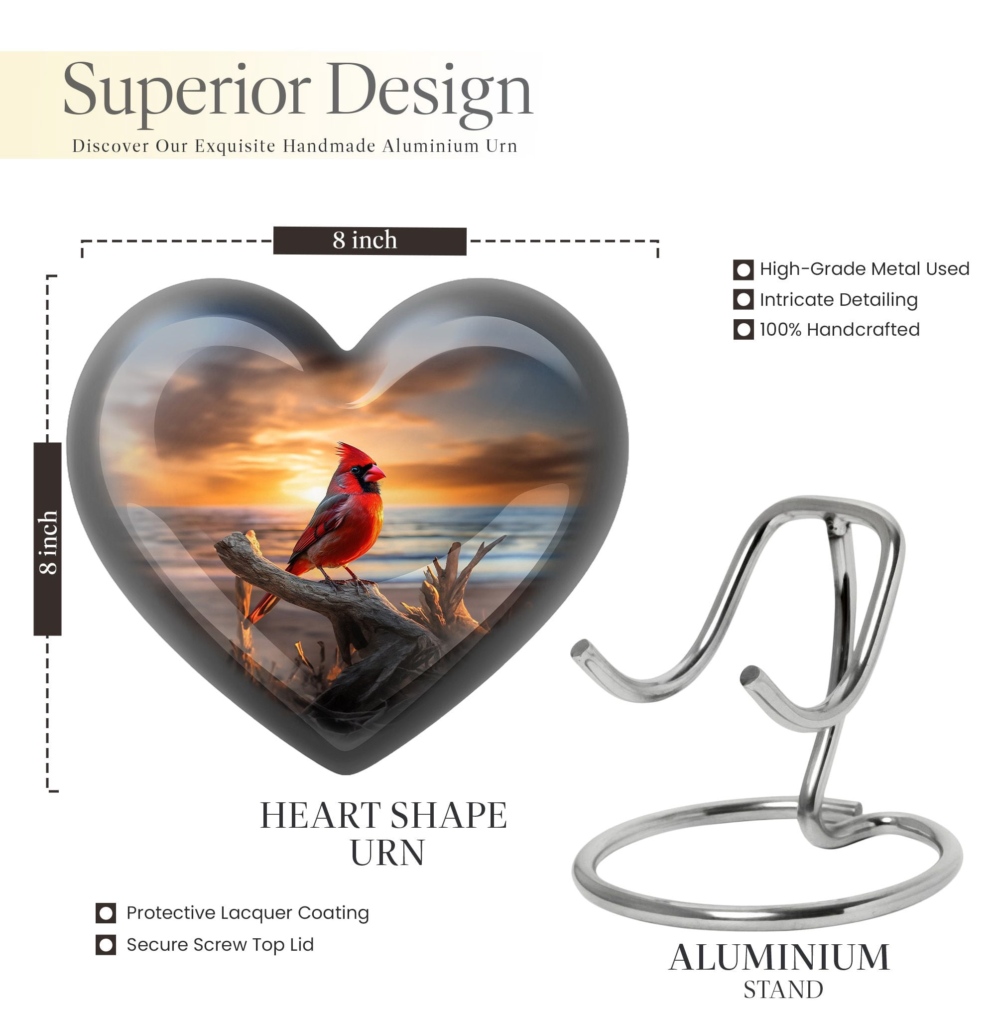 Cardinal Urns For Human Ashes, Large Heart Shape Cardinal Bird Urn For Ashes Adult, Ashes Urns Human Remains Adult, Elegant Urns For Ashes Adult Male, Funeral Urns For Adult Ashes Women 8 Inch