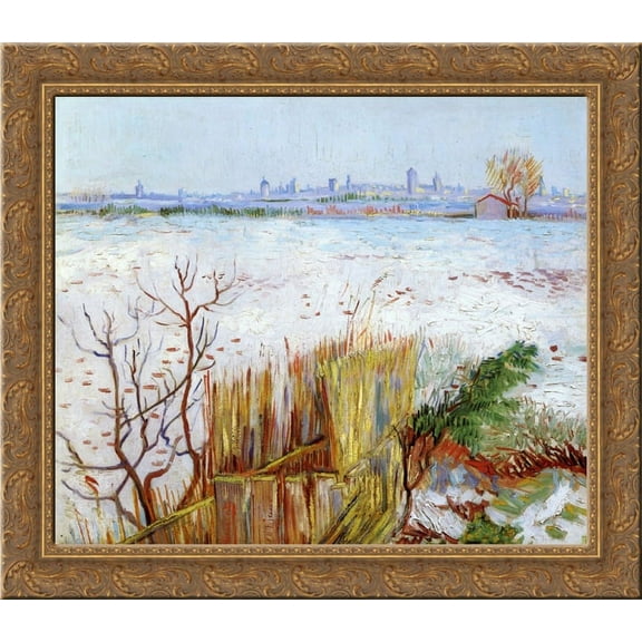Snowy Landscape with Arles in the Background 24x20 Gold Ornate Wood Framed Canvas Art by Vincent van Gogh