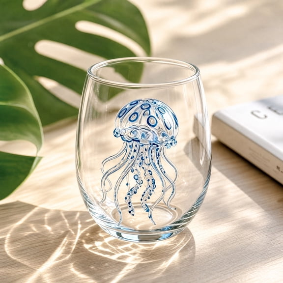 Artisanal Blue Ringed Ocean Animal Glassware, 2D Ocean Animal Artisan Glassware Collection, Artistic Drinking Glass, Coastal Home Decor Gift for Ocean Lovers (E)
