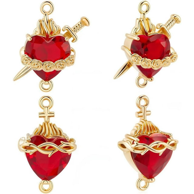 1 caja de 6 dijes de corazón sagrado de circonita cúbica de latón chapado en oro de 16 quilates, 2 estilos de corazón rosa con eslabones para crear joyas con temática sagrada.