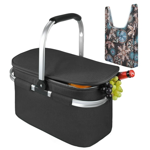 Tirrinia Large Insulated Picnic Basket, Foldable Bag, 28L Leakproof Portable Basket Set, Black