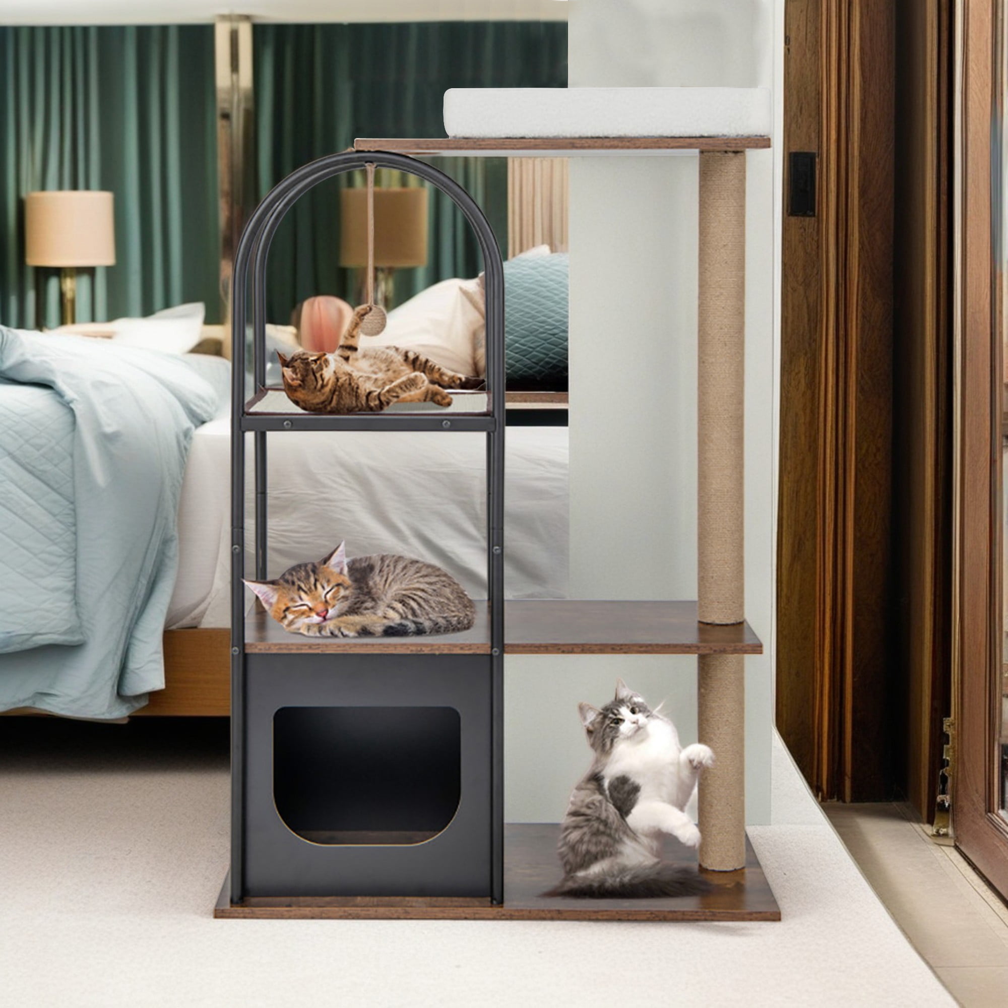 Kadyn 47" Wood Cat Tree Tower for Indoor Cats, Multi-Level Cat Condo with Scratching Posts, Removable Cat Bed, Cat Tree House, Black Kadyn 47" Wood Cat Tree Tower for Indoor Cats, Multi-Level Cat Condo with Scratching Posts, Removable Cat Bed, Cat Tree House, Black