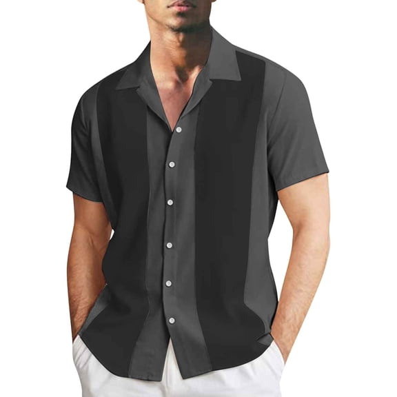 BUWTTED Mens Shirts Summer Stripe Classic Business Work Dress Casual Lapel Button Short Sleeve Black Shirt L