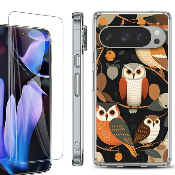 For Google Pixel 9 Pro XL Phone Case Cover, Shockproof Bumper Case with Tempered Glass Screen Protector, by OneToughShield - Owl Mix
