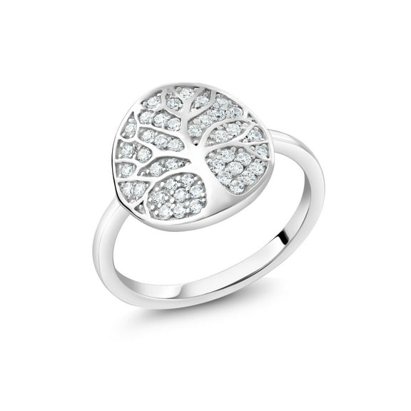 Gem Stone King 925 Sterling Silver Gorgeous White Tree Of Life Women Ring Set with Zirconia (Available in Size 5, 6, 7, 8, 9)