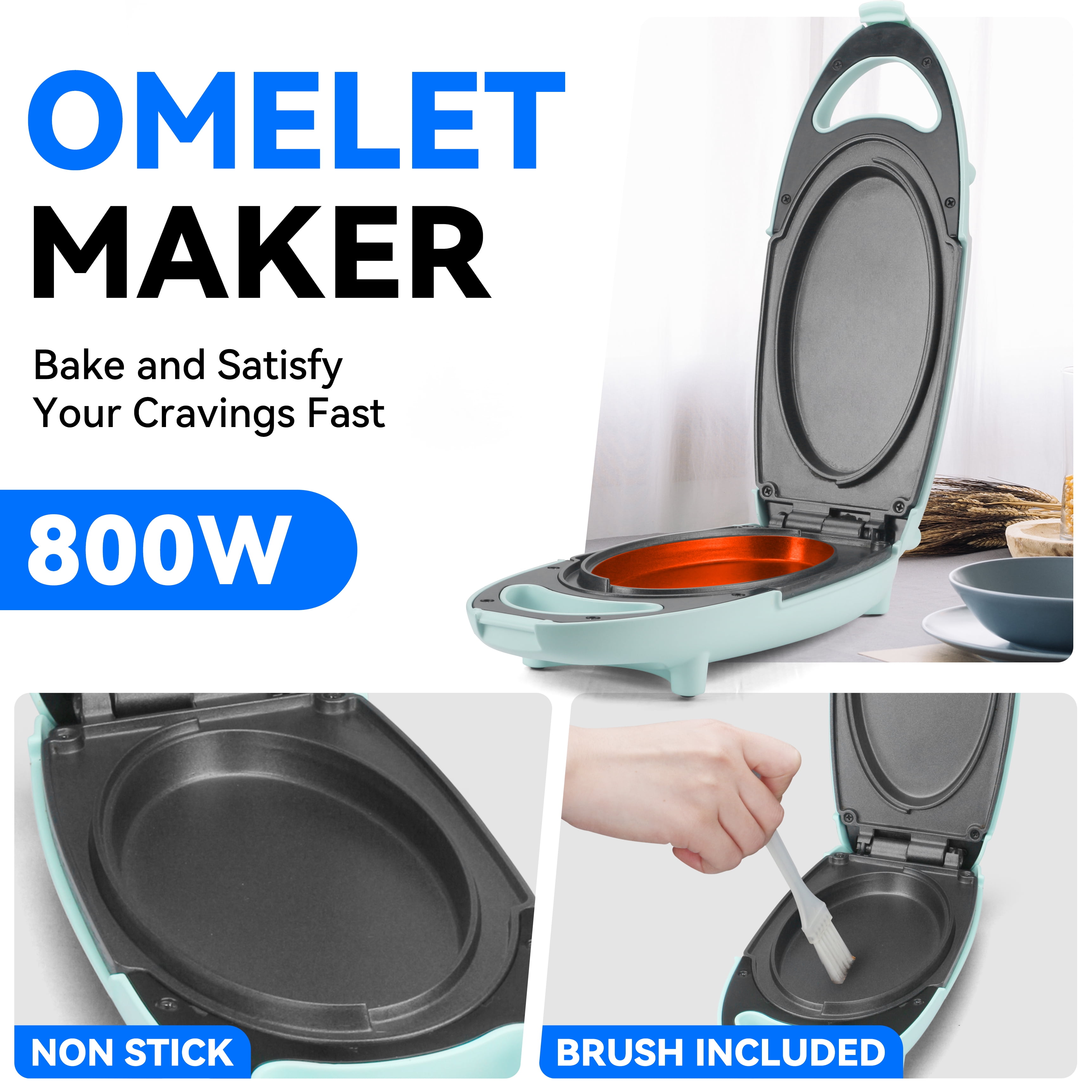 Mailand Electric Flip Omelette Maker - Dual Nonstick Surfaces Frittata & Egg Pan, 800W, Aqua