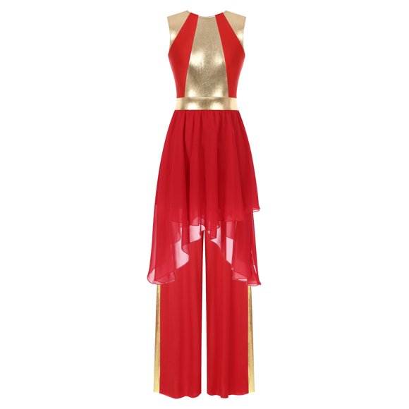 Linjinx Women Praise Dance Outfit Metallic Round Neck Sleeveless Dress Wide-Leg Pants Lyrical Liturgical Dancewear Red L