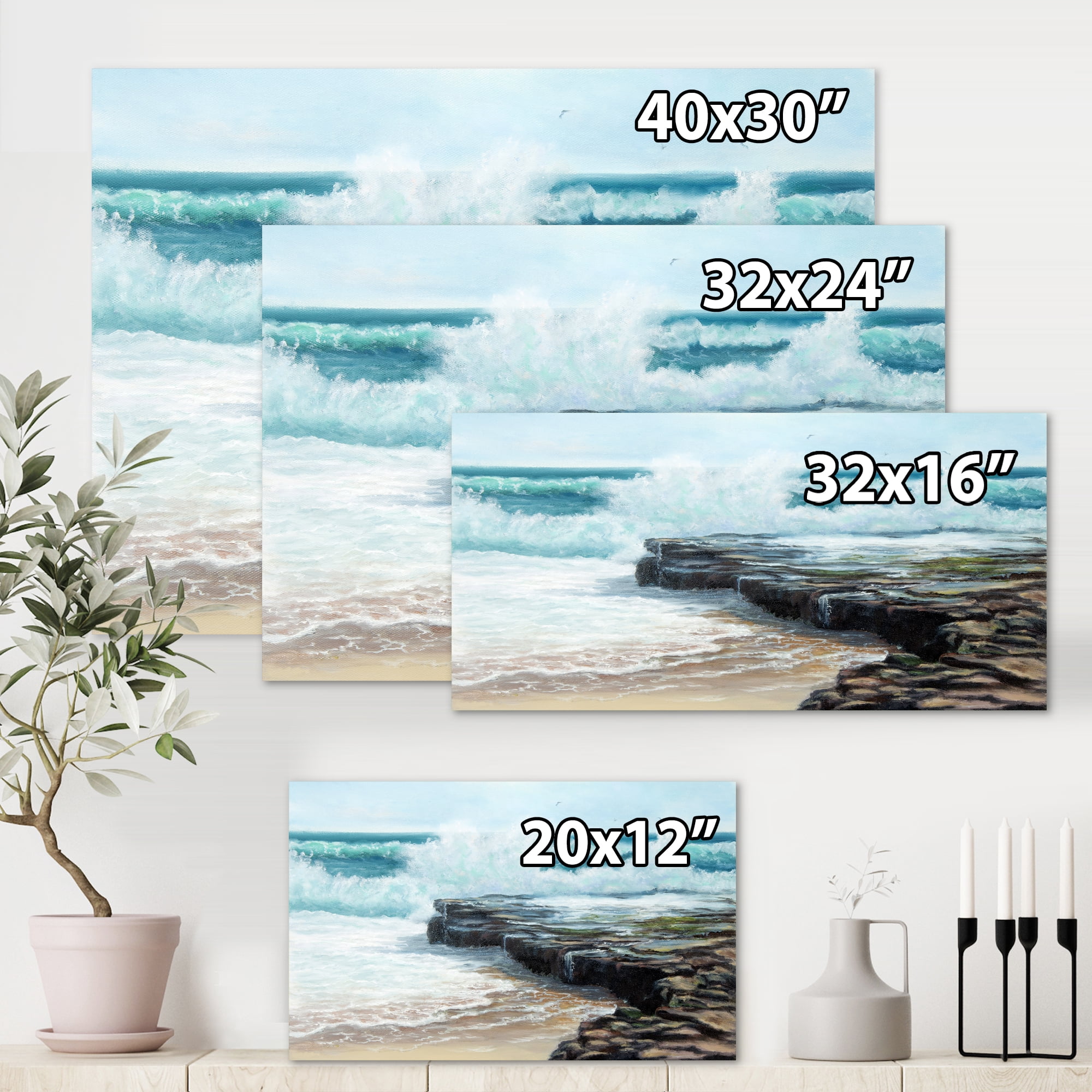 Designart ' Wild Ocean Waves Breaking On The Shore ' Nautical & Coastal Canvas Wall Art Print