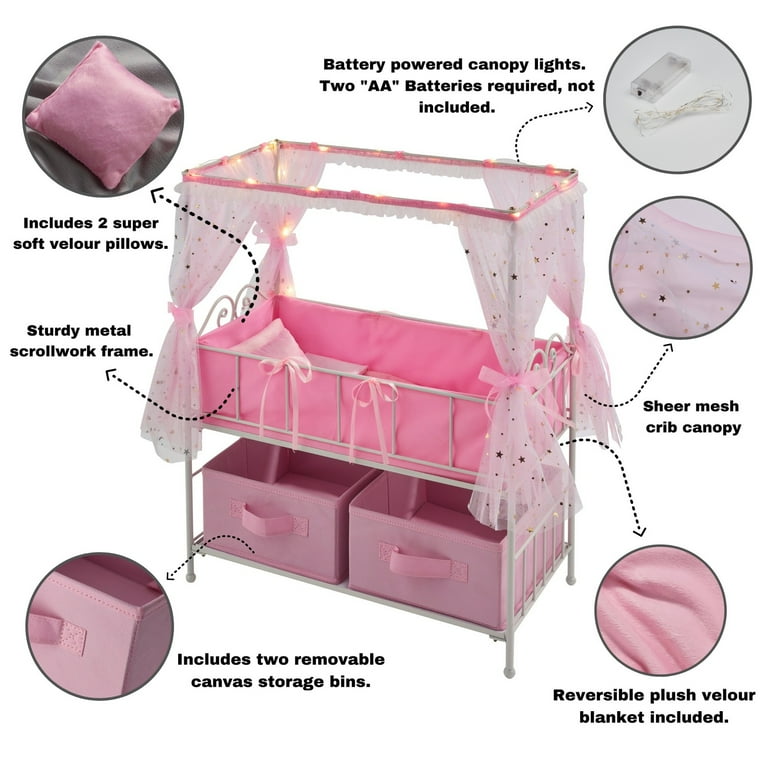 Badger Basket Starlights Metal Doll Crib With Canopy Bedding Storage And  Led Lights - Pink/white/stars : Target