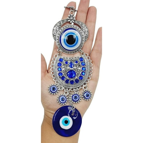 Evil Eye Hanging for Home Entrance Door Decoration, Blue Nazar Battu for Home Protection, Good Luck Charm and Prosperity at Office and Home (Blue Silver Round)
