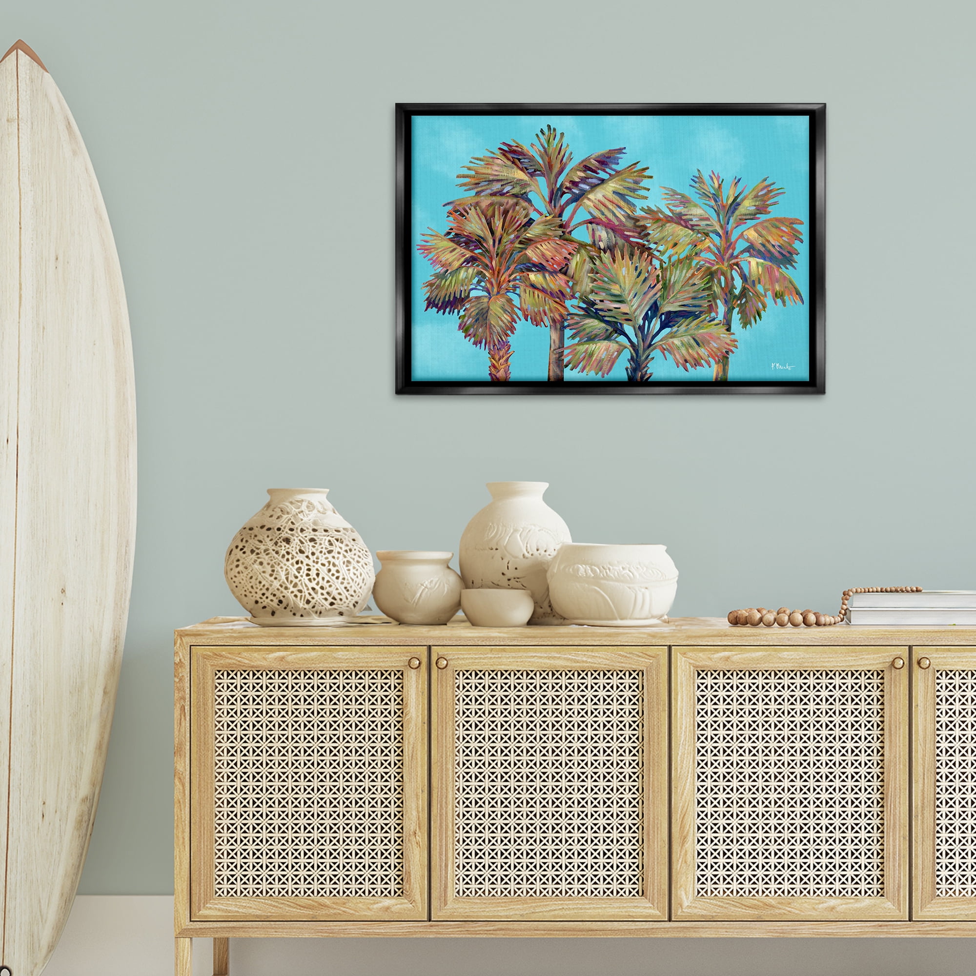 Stupell Industries Bondi Beach Palms Plants & Flowers Painting Black Floater Framed Canvas Art Print Wall Art, 31 x 21