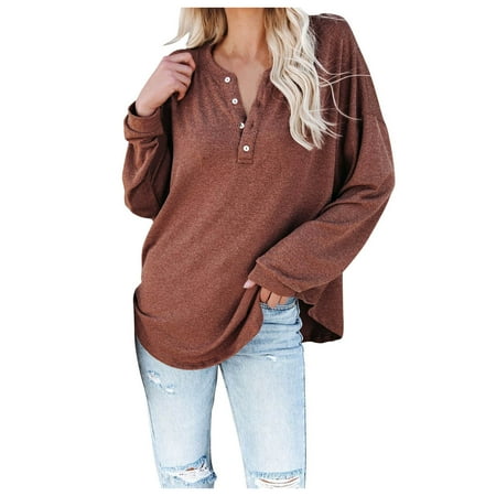 

Alueeu Sparkly Womens Summer Tops Solid Color Long Sleeve Button Open Neck Pullover T-Shirt Long Sleeves for Women under 10 Dollars Black Pajama Top Brown M