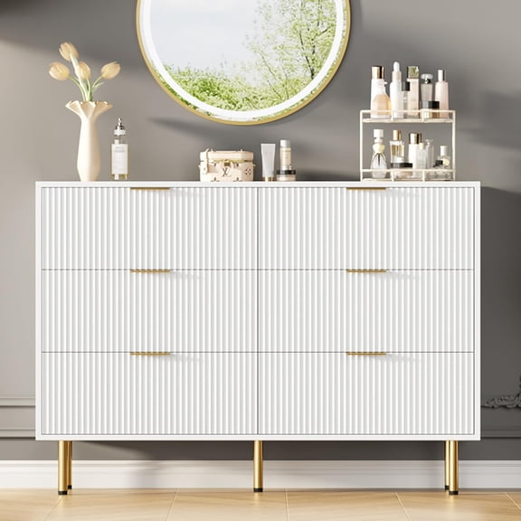 6 Drawers Dresser for Bedroom, Fluted Dresser Chest of Drawers with Handle, Wood Modern Dressers for Closet, Bedroom Furniture Storage Organizer for Living Room, Hallway
