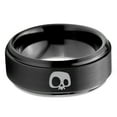thumbnail image 2 of Tungsten Bony Skull Skeleton Head Band Ring 8mm Men Women Comfort Fit Black Step Bevel Edge Brushed Polished, 2 of 4