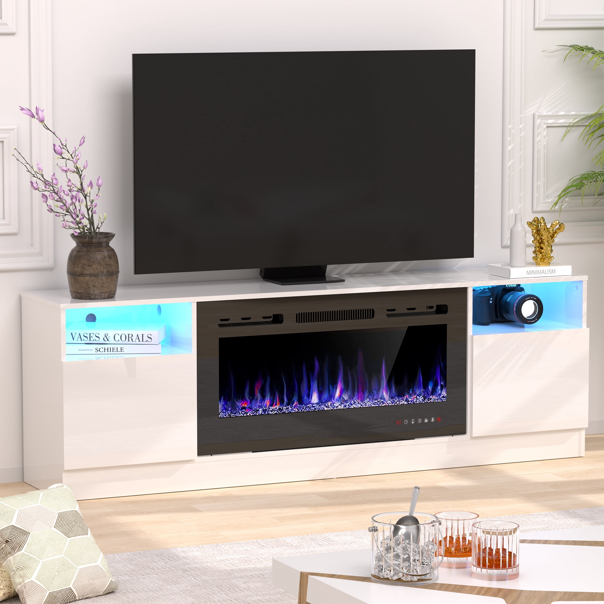 HARIPUL 70" Fireplace TV Stand for TVs Up to 80" with 36" Electric Fireplace, TV Console for The Living Room, LED Light Entertainment Center, Storage Cabinet, Media Console Table, White