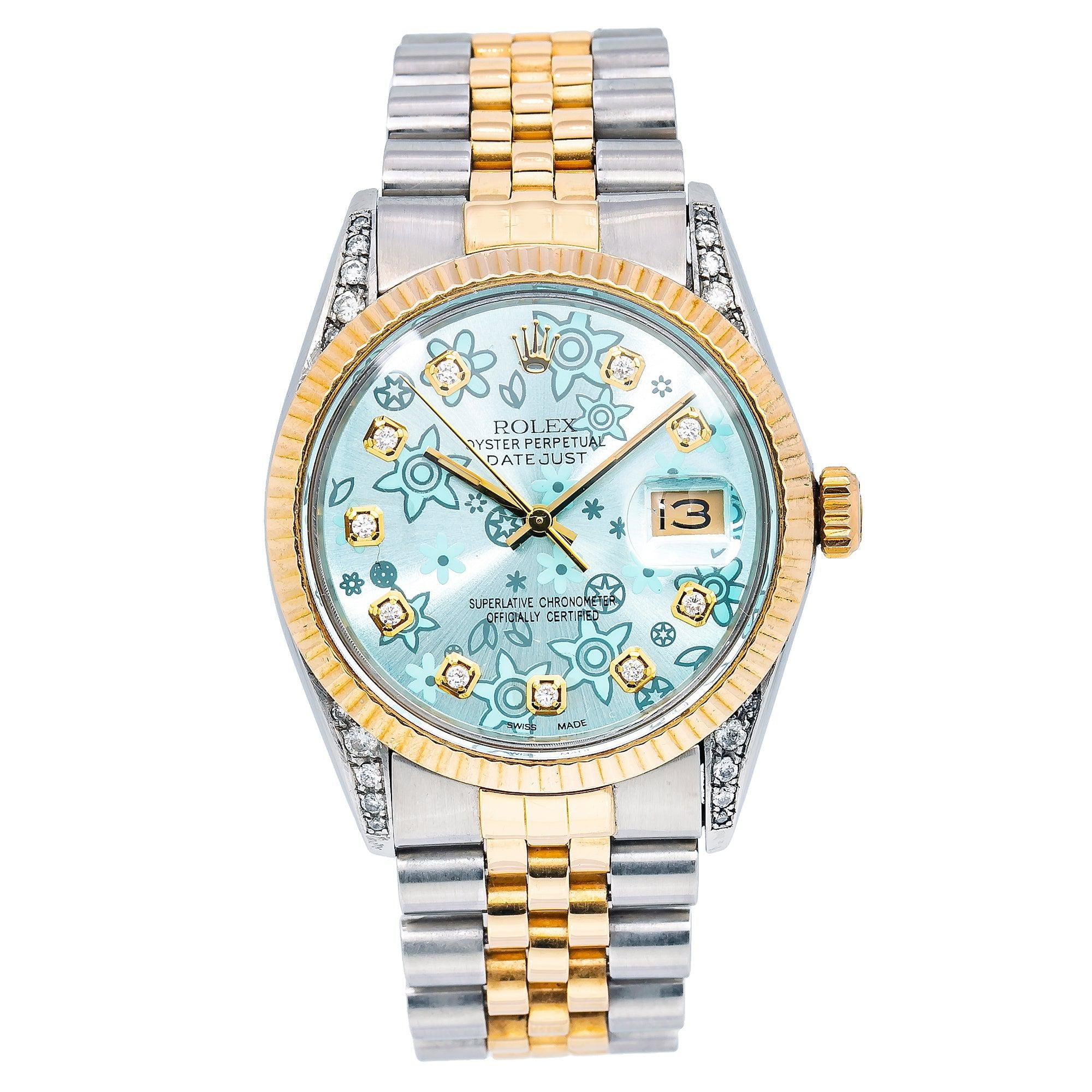 Pre-Owned Rolex DateJust 36MM 1601 Flower Turquoise Dial With Two Tone Jubilee Bracelet