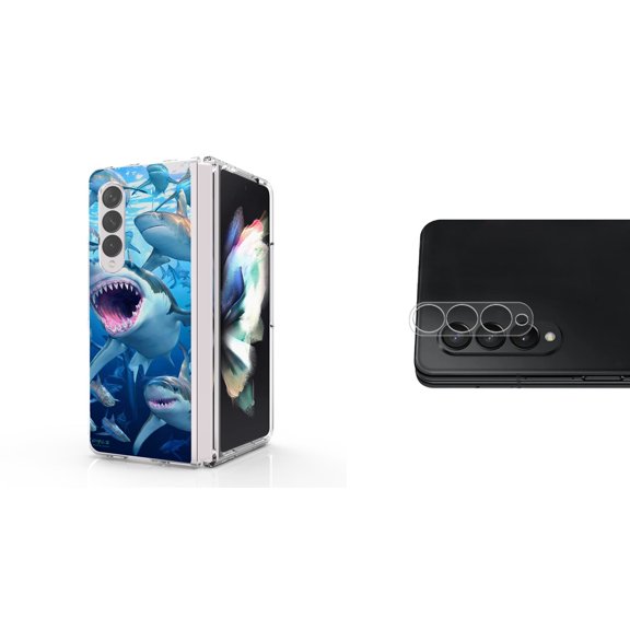 Accessory Bundle for Galaxy Z Fold 4: Slim Snap-On Case (Sharks), Rear Camera Glass Protector