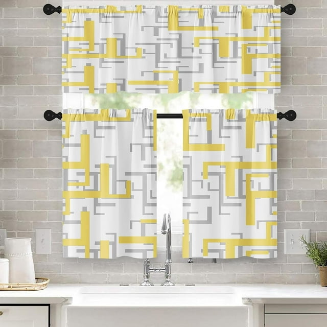 36 Inch Kitchen Curtains Yellow and Grey Geometric Abstract Art Window Curtains and Valances Set of 3, White Modern Art Background Short Tier Curtain for Kitchen,Vintage Small Kitchen Decor