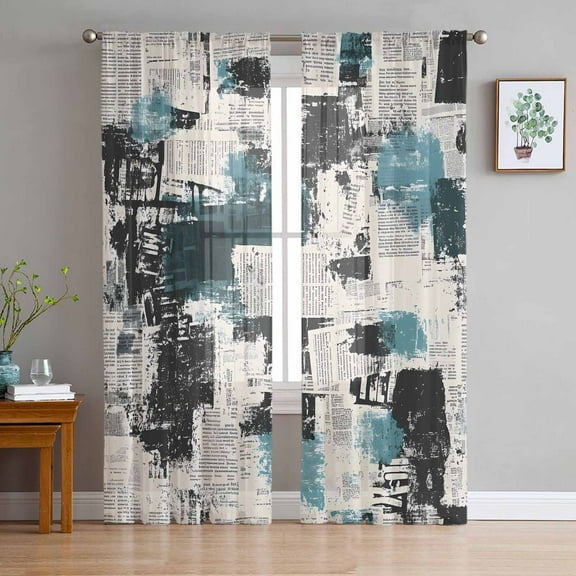 ERUNPONLY Blue Black Sheer Curtains 63 Inch Length 2 Panels Set, Vintage Shabby Chic Newspaper Texture Art Voile Window Treatment Curtains Sheers Drapes for Bedroom/Living Room/Kitchen 52x"63"x2