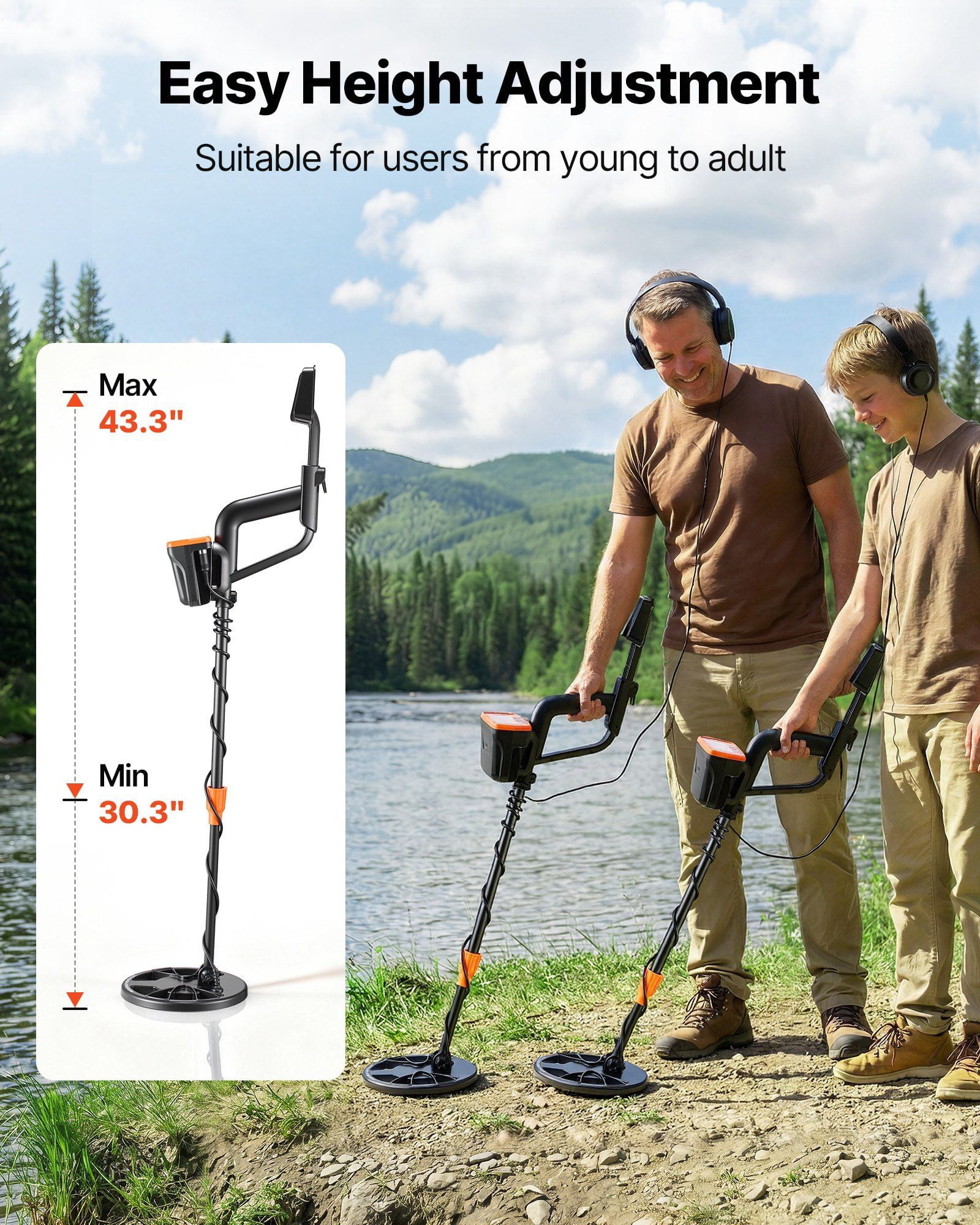 Metal Detector for Adults, 8", Professional High Accuracy Gold Detector, IP68 Waterproof Search Coil with Display, Headphones, 3 Modes, Adjustable Length, for Detecting Gold Treasure Hunting