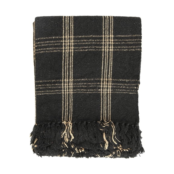 Creative Co-Op Soft Woven Reclaimed Cotton Blend Throw with Fringe, Black and Tan Plaid