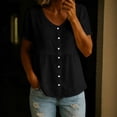 thumbnail image 2 of Women's Blouses Breathable Casual Cotton Linen Tops Crew Neck Short Sleeve Button Down Tee Summer Shirts Black M, 2 of 8