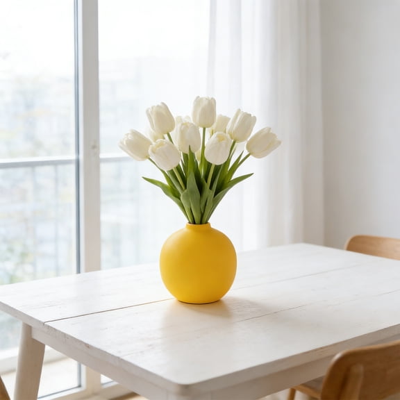 TONGYIJIA Round Plastic Vase, 4X4X1 Inch Faux Ceramic Planter, Small Decorative Pot For Tabletop, Shelf and Desk, Modern Spring Decor Centerpiece