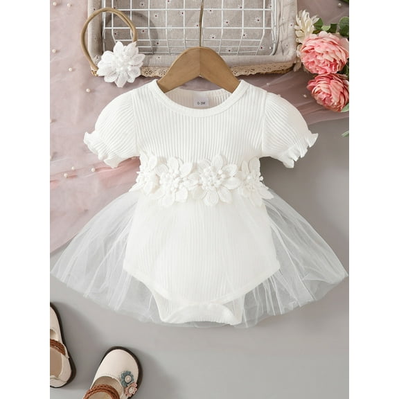 HWJAD Baby Girl Outfit Newborn Romper Dress Lace Skirt Hem Jumpsuit Cute Headband Ribbed Embroidery Bodysuit Summer Clothes