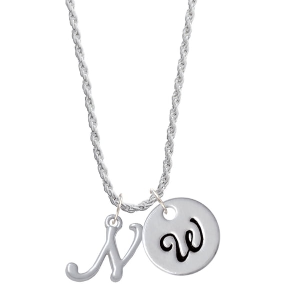 Delight Jewelry Silvertone Small Gelato Script Initial - N - Silvertone Script Initial Disc - W - Charm Necklace, 20"+3"