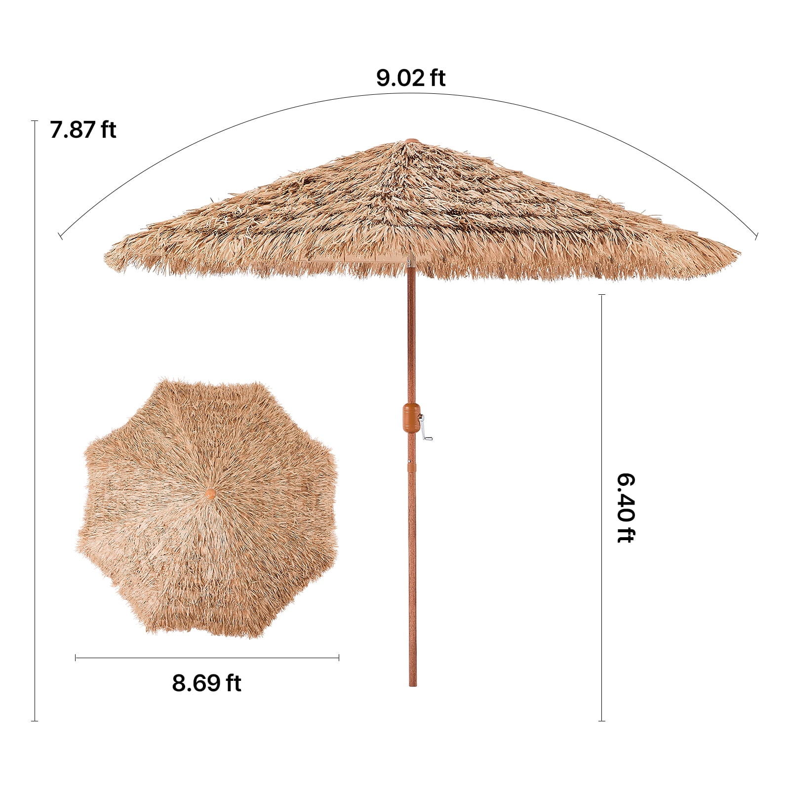KFFKFF 9 ft Thatched Patio Umbrella with Tilt, Hawaiian-Style Beach Parasol Featuring Durable PP Thatch and 8 Metal Ribs, Grass Umbrella for Poolside, Backyard, Garden, Patio, and Beach
