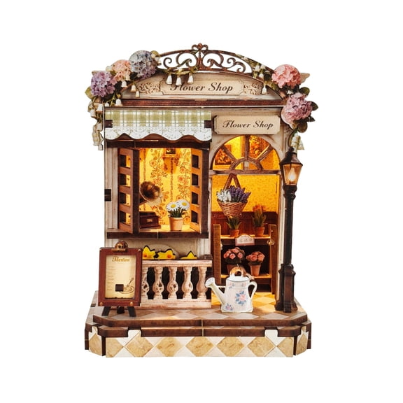 3d wooden puzzle for adults Morning Dew Florist book nook with lights model kit dollhouse DIY miniature house Birthday and Christmas gifts