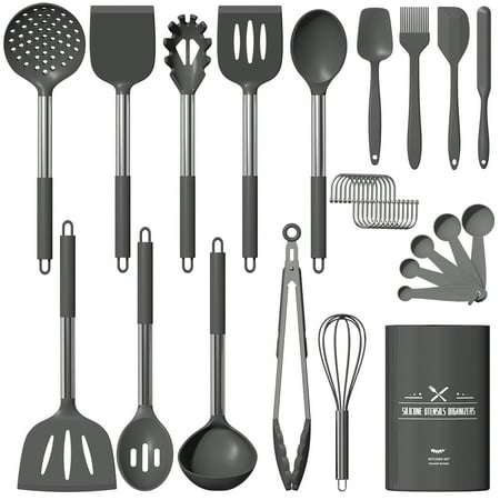 Silicone Cooking Utensil Set, 30 Pcs Kitchen Utensils Cooking Utensils Set, Food Grade Silicone Spatula Set, BPA-Free,Non-stick Heat Resistant Silicone Cookware with Strong Stainless Steel Handle,Gray