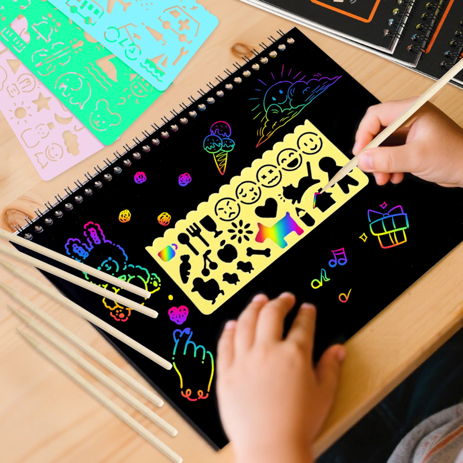BSHAPPLUS® 7 Pack Rainbow Scratch Art Notebooks,Magic Scratch off Paper Notebook Set for Kids Art and Craft Activity Book Black Sketch Doodle Pads with Drawing Stick for Party Favor Game Gift