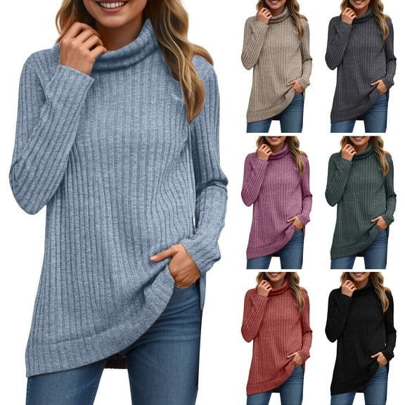 idosla Womens Tunic Tops Turtleneck Long Sleeve Shirts Oversized Fall Sweaters Side Split High Low Hemline (Purple, S)
