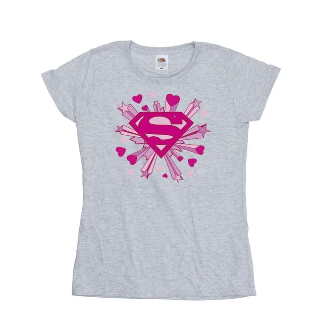 DC Comics T-Shirt en Coton pour Femmes Superman Logo Cœurs et Étoiles Roses