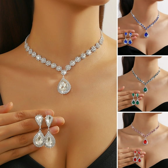 Yesbay 2Pcs/Set Women Wedding Jewelry Set Waterdrop Shape Shining Faux Crystal Choker Necklace Dangle Earrings Set