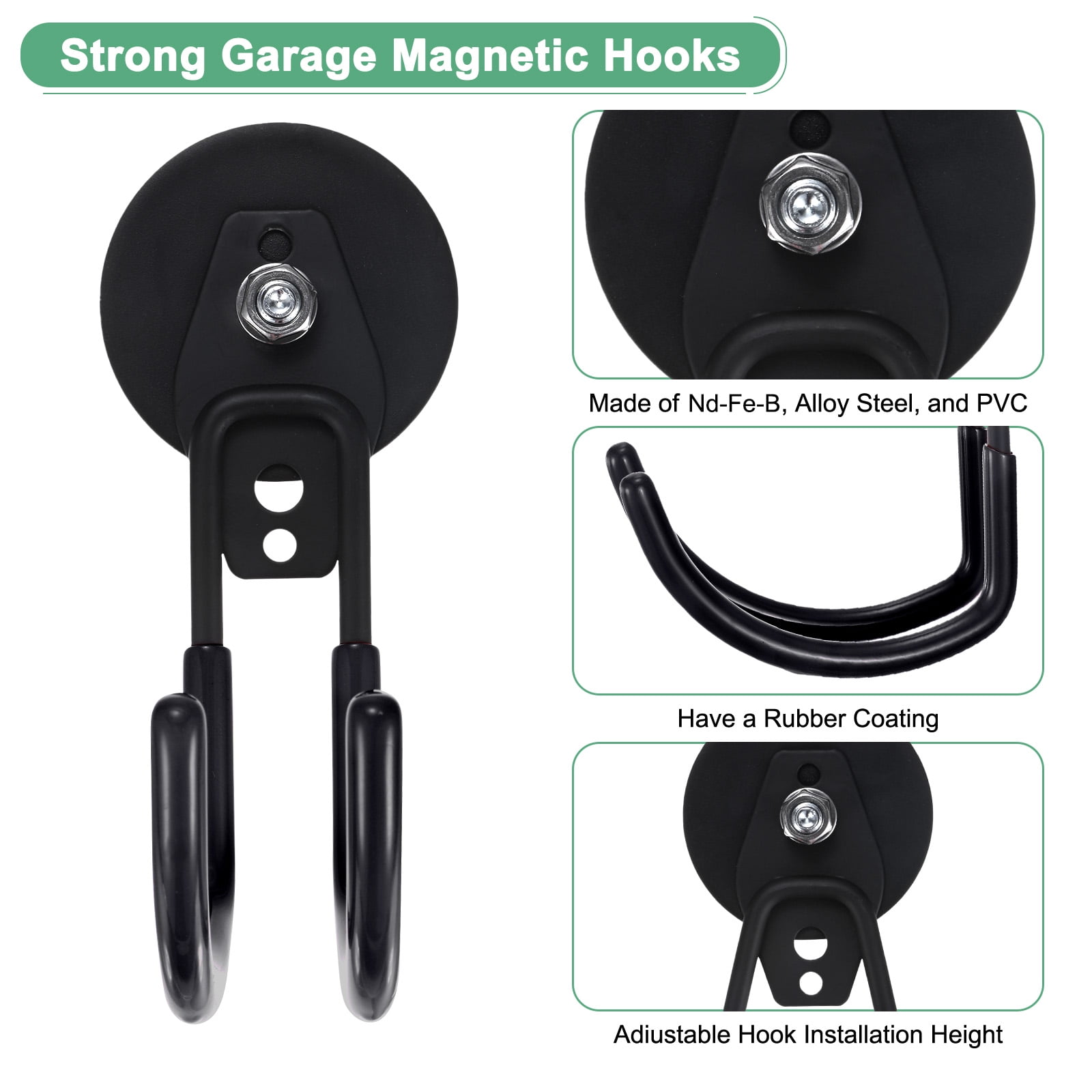 Uxcell 2-Pack Strong Garage Magnetic Hooks, Large Magnetic Cable Holder with Anti-Slip Coating [Black]