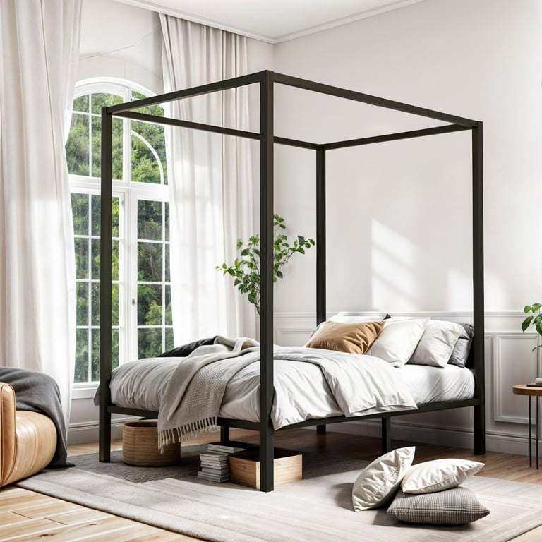 ModFusion Minimalist Queen Size Metal Canopy Bed Frame 13 Inch Platform Bed Black
