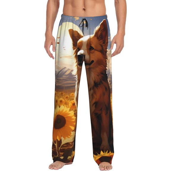Daiia Vintage Cute Corgi Sunflower Men's Sleep Pant with Pockets and Drawstring,Pajama Pants-Large