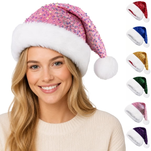 HAOTAGS Women's Christmas Hat - Glitter Santa Cap with Long Plush Fur Warm Winter Party Hat