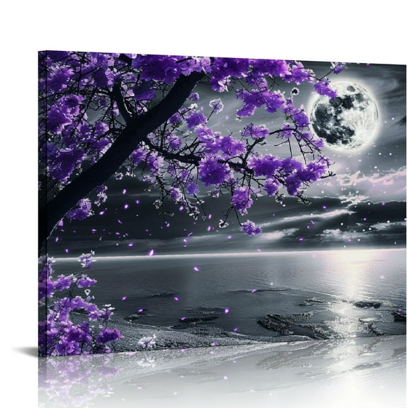 EastSmooth Large Purple Wall Art Decor for Living Room Bedroom Framed Black and White Seascape Full Moon Purple Flower Painting Canvas Picture Modern Plum Blossom Artwork for Home Office