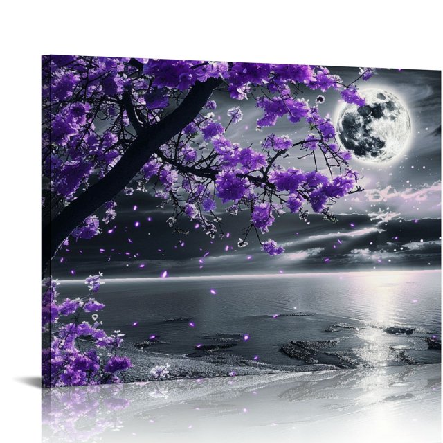 EastSmooth - Cuadro decorativo de pared morado de gran tamaño para sala de estar, dormitorio, paisaje marino en blanco y negro, luna llena, flor morada, cuadro en lienzo, obra de arte moderna con
