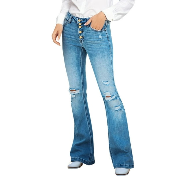 Gibobby Jeans dama cintura alta Mujer Suelta Casual Cintura alta Pierna recta Diseño Más botones Jeans(Azul claro,G)