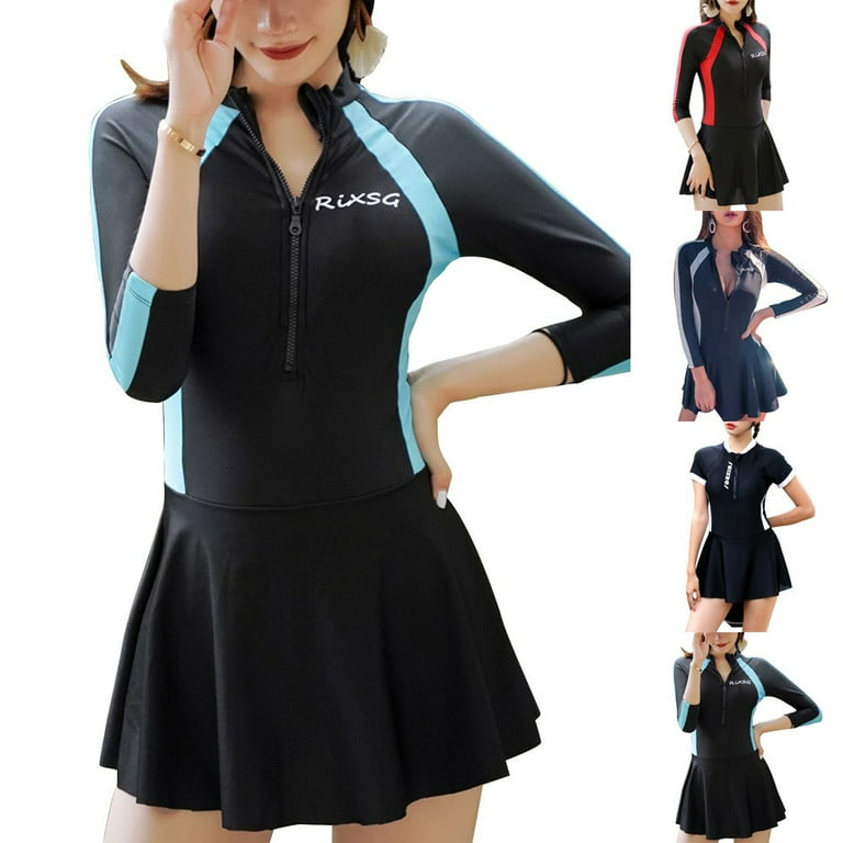 Fancy Women Siamese Long Sleeve Swimsuit Surfing Wetsuit Swimdress Skirt  Beach Bathing Blue XL