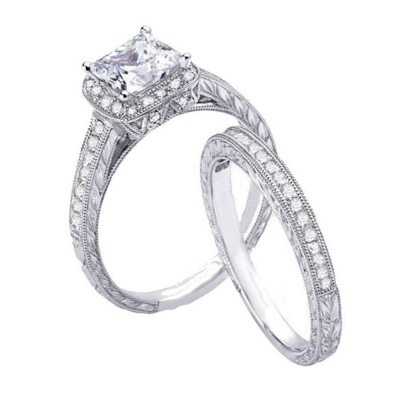 Edwin Earls Ladies 2.50ct Vintage Style CZ Wedding Engagement Ring Set Sterling Silver