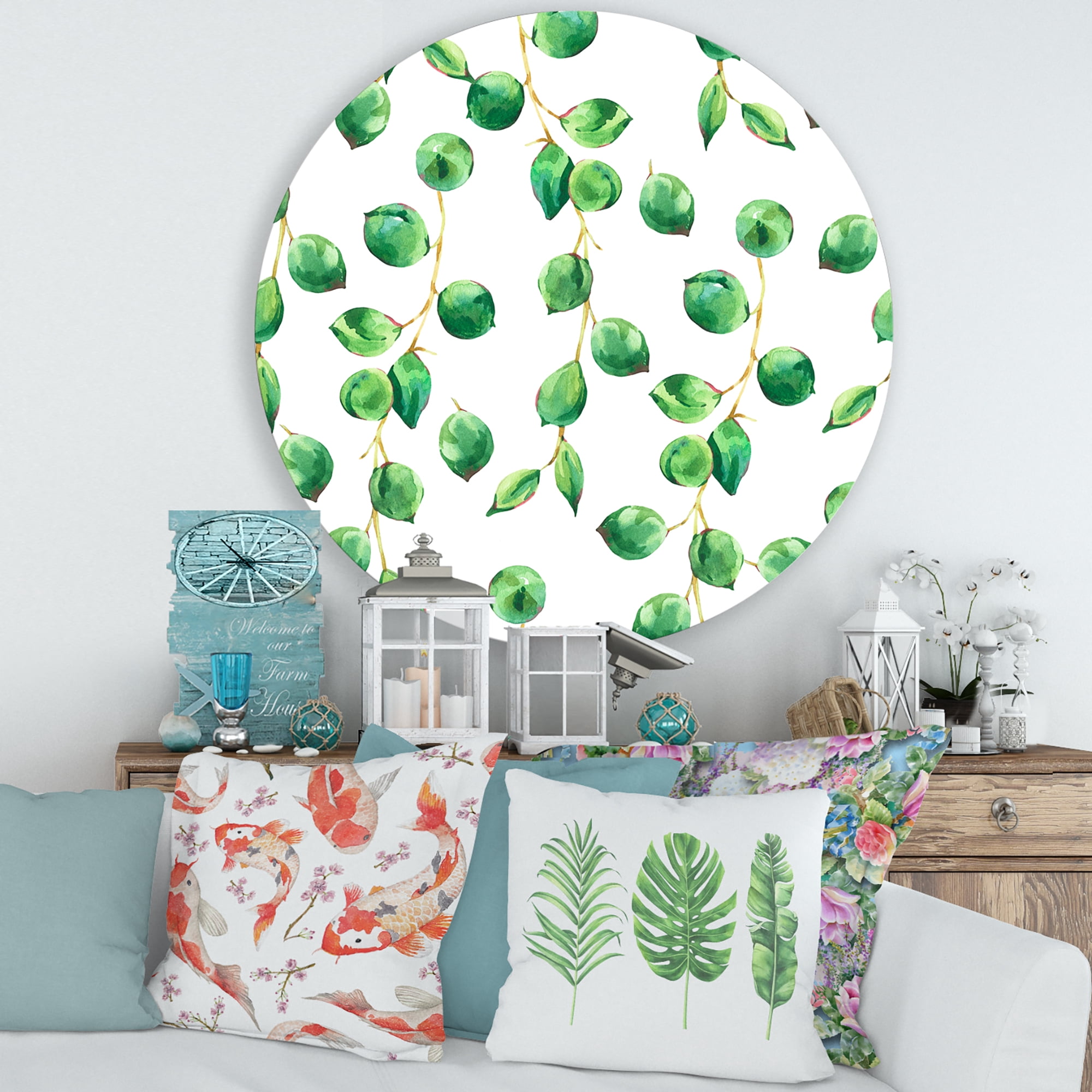 Designart 'Tropical Green Leaves Patern On White' Tropical Circle Metal Wall Art 36x36 - Disc of 36