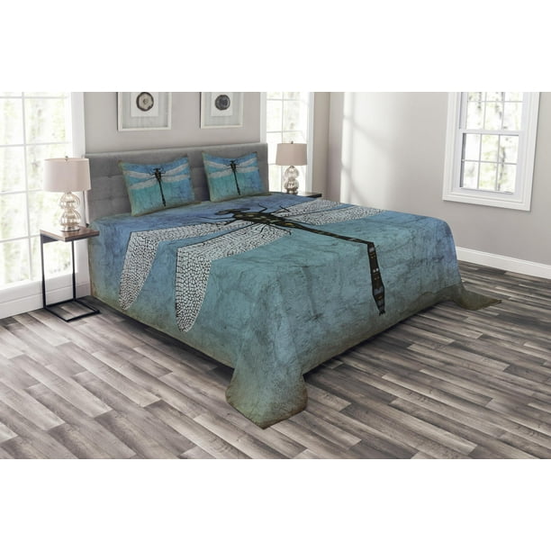 Dragonfly Bedspread Set Grunge Vintage Old Backdrop And Dragonfly Bug Ombre Image Decorative Quilted Coverlet Set With Pillow Shams Included Dark Blue Turquoise And Black By Ambesonne Walmart Com Walmart Com